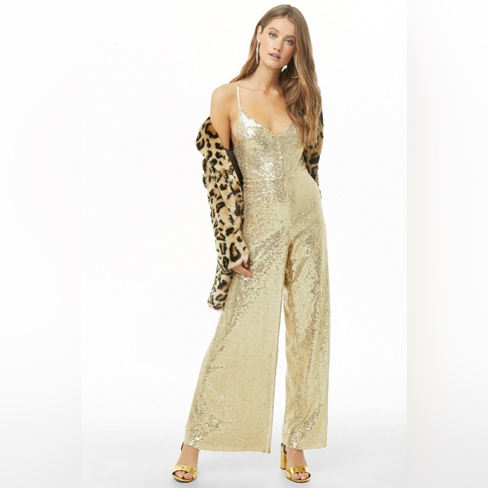 Forever 21 Gold Sequin Wide-Leg Jumpsuit